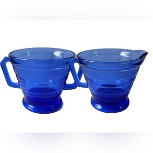 Hazel Atlas Cobalt Blue Cream Sugar Moderntone Depression Glass Art Deco Bands